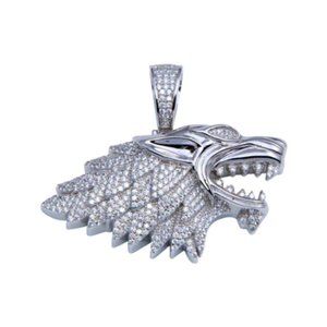 Sterling Silver 925 Rhodium Plated CZ Wolf Hip Hop Pendant